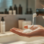 Applicazione shampoo su mani in bagno ordinato