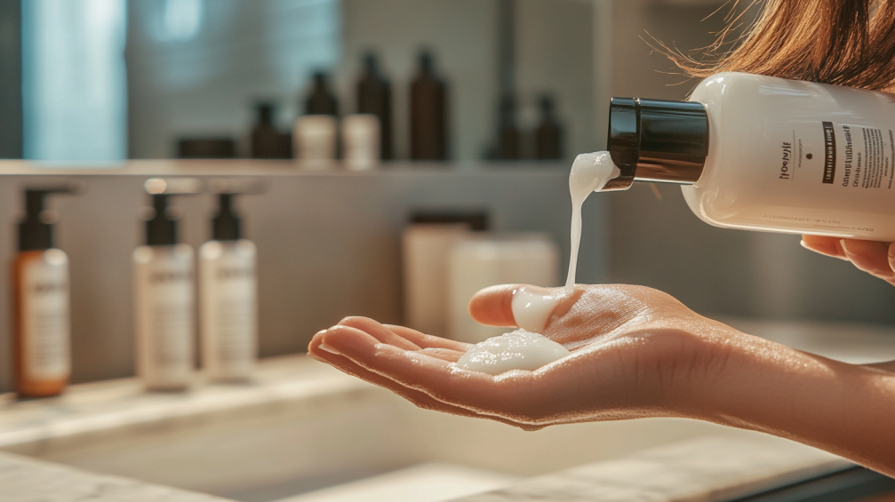 Applicazione shampoo su mani in bagno ordinato