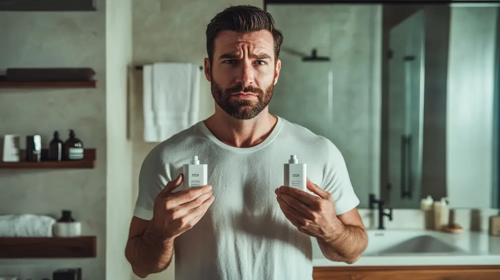 Indecisive man choosing between beard care products