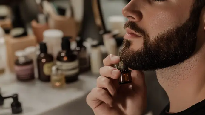 Man applying beard oil in front of bathroom mirror