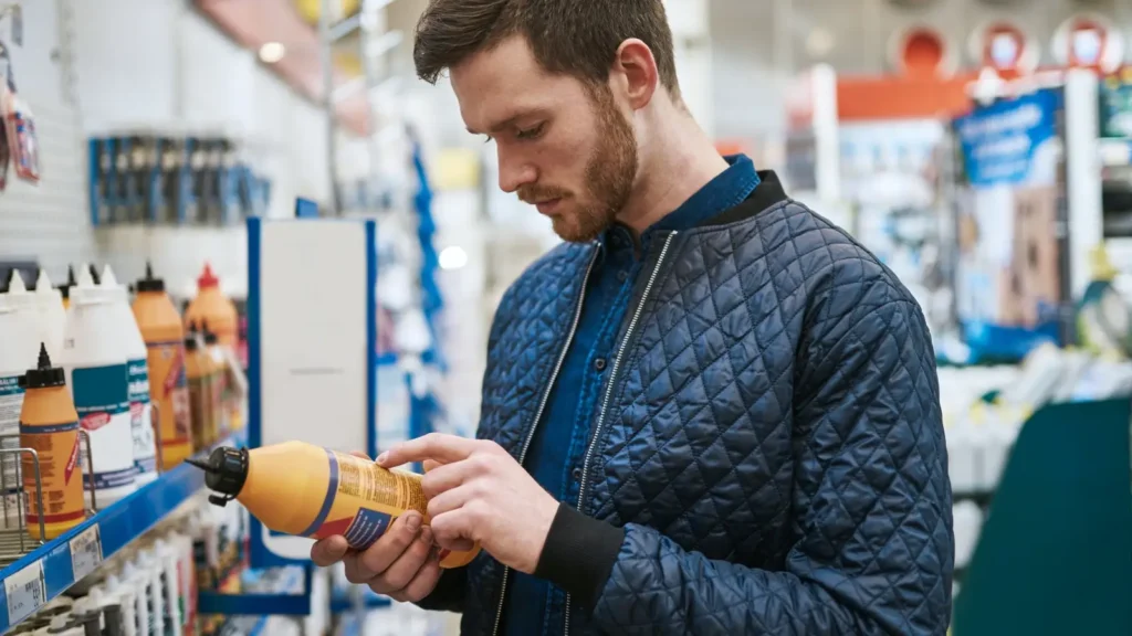 Persona indecisa davanti a vari shampoo per barba.