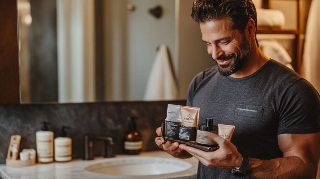 Uomo con barba curata osserva un kit da barba in bagno.