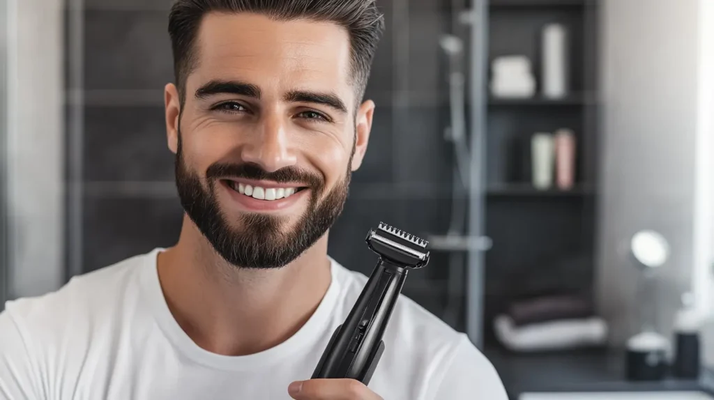 Uomo con una barba perfettamente curata che tiene in mano un elegante regolabarba in un bagno moderno