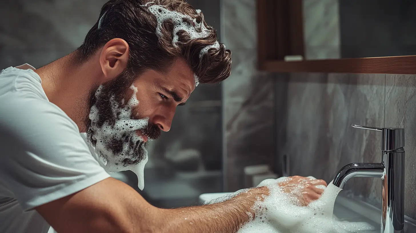 Uomo che lava la sua barba prima di applicare l'olio