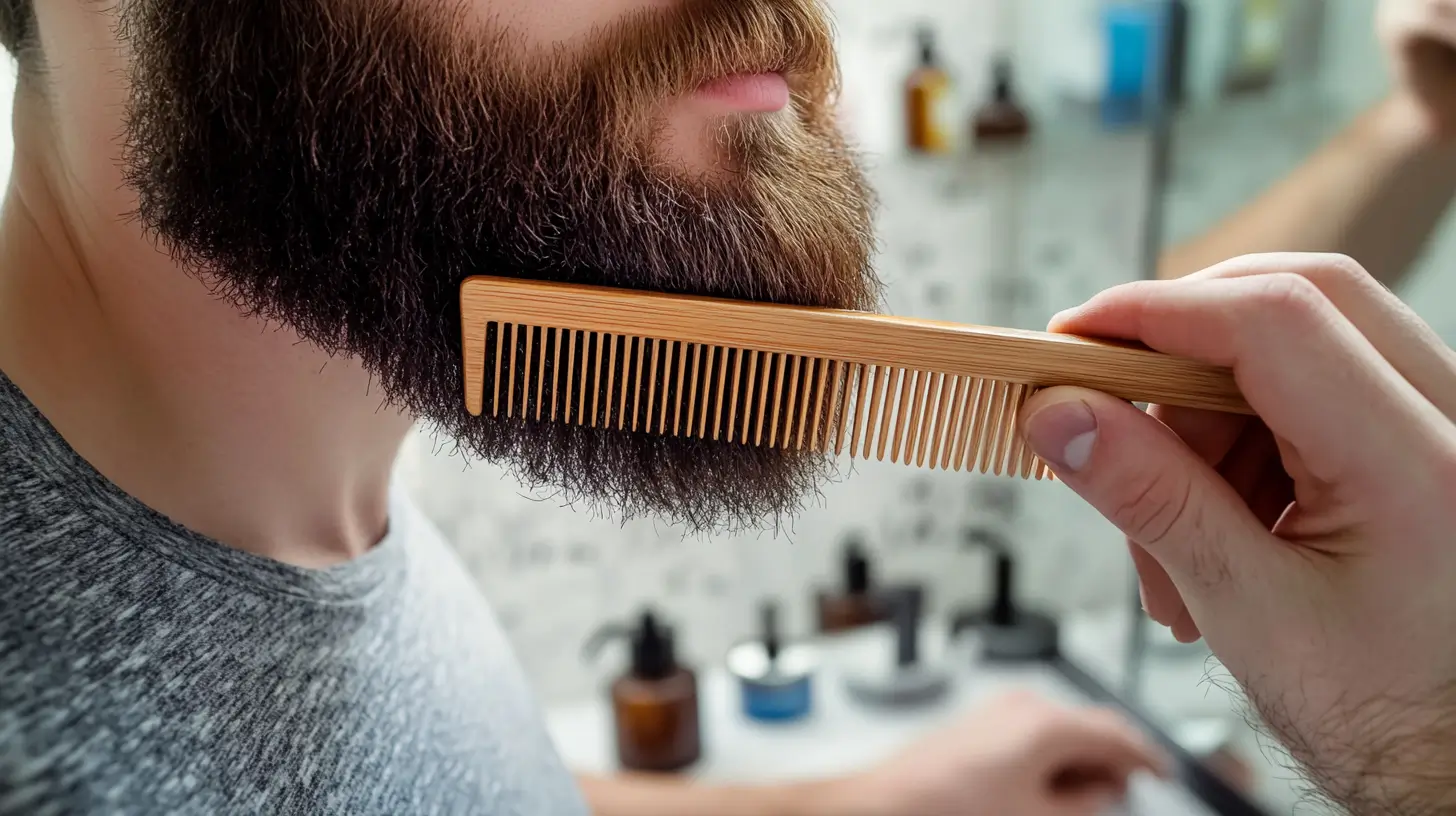 Uomo che pettina la barba dopo aver applicato l'olio, ottenendo una distribuzione uniforme